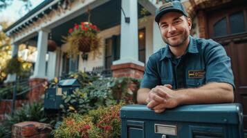 ai généré Beau Jeune facteur des stands souriant et à la recherche à le caméra près une classique américain maison avec une boites aux lettres photo