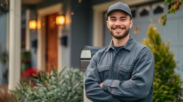 ai généré Beau Jeune facteur des stands souriant et à la recherche à le caméra près une classique américain maison avec une boites aux lettres photo