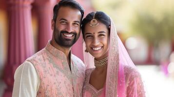 ai généré content magnifique et Indien couple souriant à la recherche à caméra tandis que permanent contre flou Indien photo