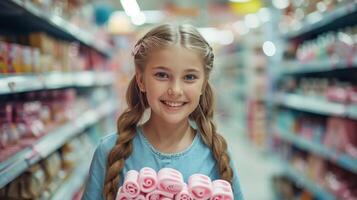 ai généré content Jeune fille dans une boutique en portant rose patin à roulettes dans sa mains et souriant tandis que à la recherche à le caméra photo