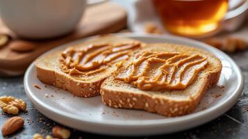 ai généré pain grillé propager avec cacahuète beurre mensonges sur une blanc assiette photo