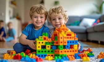 ai généré deux cinq ans garçons sont bâtiment une maison de une multicolore construction ensemble photo