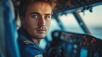 ai généré Jeune Beau pilote séance dans le cockpit de un avion photo