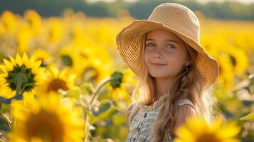 ai généré une magnifique Jeune fille des promenades par une champ avec épanouissement tournesols photo