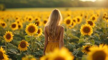 ai généré une magnifique Jeune fille des promenades par une champ avec épanouissement tournesols photo