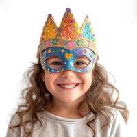 ai généré une cinq ans fille portant une carnaval masque des rires et regards à le caméra sur une blanc isolé photo