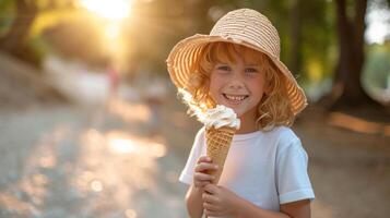 ai généré une joyeux enfant saveurs une gaufre cône sur une été promenade photo