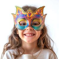 ai généré une cinq ans fille portant une carnaval masque des rires et regards à le caméra sur une blanc isolé photo