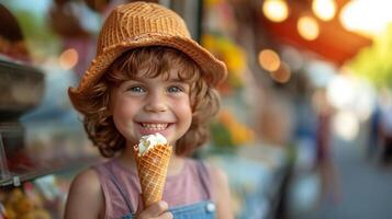 ai généré une joyeux enfant saveurs une gaufre cône sur une été promenade photo