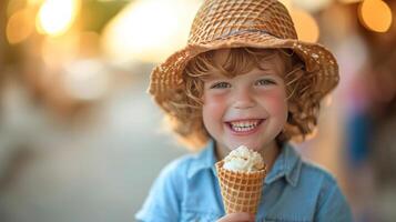 ai généré une joyeux enfant saveurs une gaufre cône sur une été promenade photo