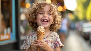 ai généré une joyeux enfant saveurs une gaufre cône sur une été promenade photo