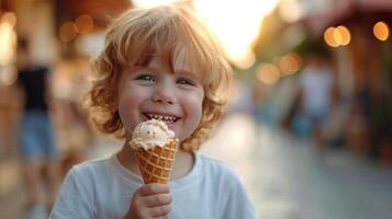 ai généré une joyeux enfant saveurs une gaufre cône sur une été promenade photo