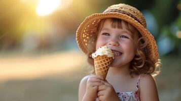 ai généré une joyeux enfant saveurs une gaufre cône sur une été promenade photo