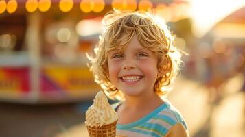 ai généré une joyeux enfant saveurs une gaufre cône sur une été promenade photo