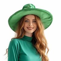 ai généré une femme dans une grand vert chapeau des stands souriant et à la recherche à le caméra sur une blanc isolé photo