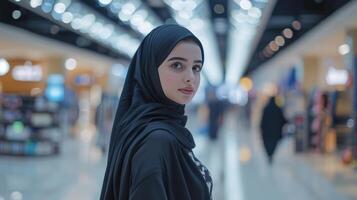 ai généré une Jeune magnifique arabe femme dans une noir abaya des promenades par une grand achats centre photo