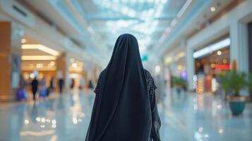 ai généré une Jeune magnifique arabe femme dans une noir abaya des promenades par une grand achats centre photo