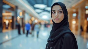 ai généré une Jeune magnifique arabe femme dans une noir abaya des promenades par une grand achats centre photo