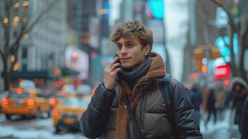 ai généré une Jeune homme des promenades le long de une ville rue et appels sur le téléphone tandis que à la recherche à le caméra photo