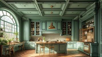 ai généré magnifique vert cuisine dans une classique style photo