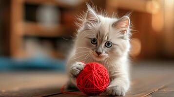 ai généré duveteux blanc magnifique chaton pièces avec une rouge Balle de fil photo