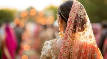 ai généré Indien mariage. Jeune magnifique la mariée et jeune marié dans nationale Indien costumes photo