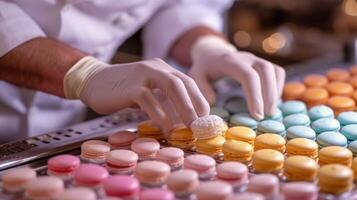 ai généré une fermer de une Pâtisserie chef création une symphonie de coloré macarons photo