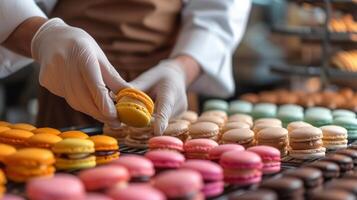 ai généré une fermer de une Pâtisserie chef création une symphonie de coloré macarons photo