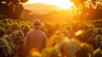 ai généré une gentilhomme portant une chapeau prise une marcher par une café champ pendant lever du soleil photo