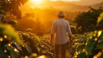 ai généré une gentilhomme portant une chapeau prise une marcher par une café champ pendant lever du soleil photo