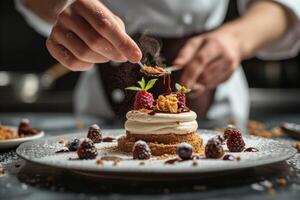 ai généré une Pâtisserie chef organiser comestible fleurs sur une étourdissant mariage gâteau photo