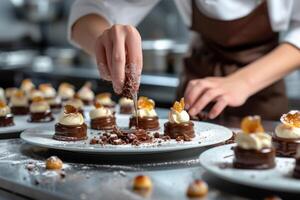 ai généré une Pâtisserie chef organiser comestible fleurs sur une étourdissant mariage gâteau photo