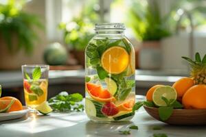 ai généré une instantané de une table ensemble avec rafraîchissant infusé eau, Frais des fruits photo