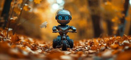 ai généré une minuscule métal robot équitation une jouet bicyclette dans l'automne photo