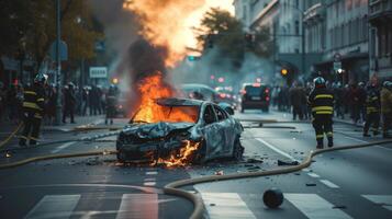 ai généré une deux voitures accident dans le milieu de le route dans une gros ville photo