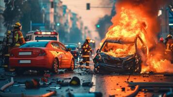 ai généré une deux voitures accident dans le milieu de le route dans une gros ville photo