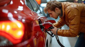 ai généré une Jeune homme inserts une gaz buse dans le gaz réservoir de le sien rouge voiture à une gaz station photo