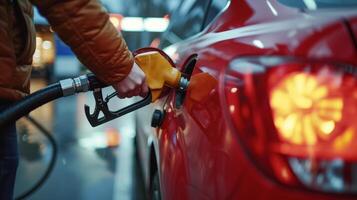 ai généré une Jeune homme inserts une gaz buse dans le gaz réservoir de le sien rouge voiture à une gaz station photo