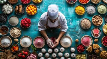 ai généré un aérien coup de une Pâtisserie chef entouré par un tableau de coloré Ingrédients photo