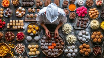 ai généré un aérien coup de une Pâtisserie chef entouré par un tableau de coloré Ingrédients photo