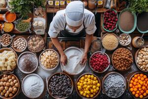 ai généré un aérien coup de une Pâtisserie chef entouré par un tableau de coloré Ingrédients photo