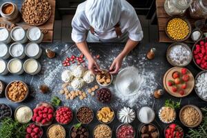 ai généré un aérien coup de une Pâtisserie chef entouré par un tableau de coloré Ingrédients photo