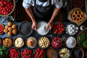 ai généré un aérien coup de une Pâtisserie chef entouré par un tableau de coloré Ingrédients photo