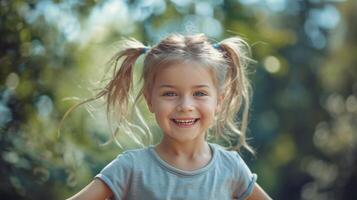 ai généré magnifique peu fille sauter corde dans une été parc et en riant et à la recherche à le caméra photo