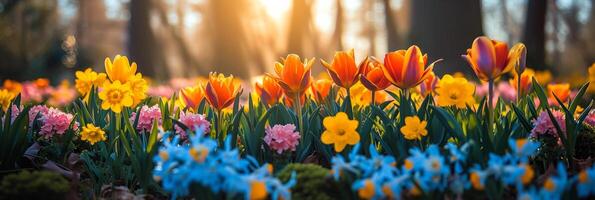 ai généré une serein paysage orné avec vibrant printemps fleurs, fournir une pittoresque toile de fond pour messages photo