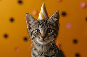 ai généré mignonne tigré chat portant une fête chapeau photo