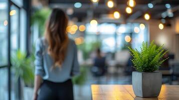 ai généré décrivant un Bureau environnement avec habillé de façon décontractée gens et floue bokeh Contexte photo