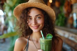 ai généré fille détient une vert smoothie photo