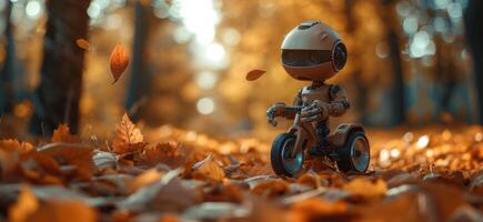 ai généré robot sur bicyclette séance dans le forêt avec tomber feuilles photo