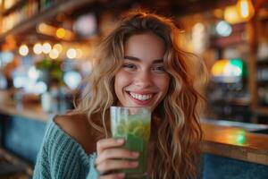 ai généré souriant femme prise une verre de vert boisson à le restaurant photo